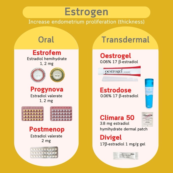 Estrogen untuk persiapan endometrium — oral (Estrofem, Progynova, Postmenop) dan transdermal (Oestrogel, Estrodose, Climara, Divigel)